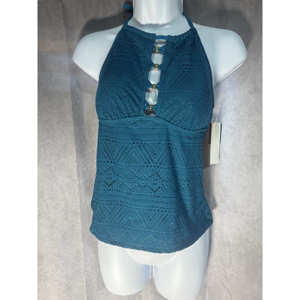 Salt + Cove TEAL BLUE Juniors' Crochet High-Neck Tankini Swim Top, US Medium